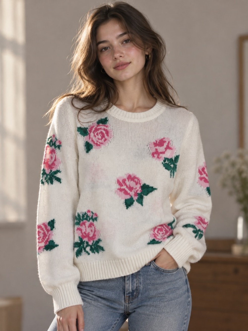 CHASER NWT Rice Pink Rose Floral Crewneck Sweater